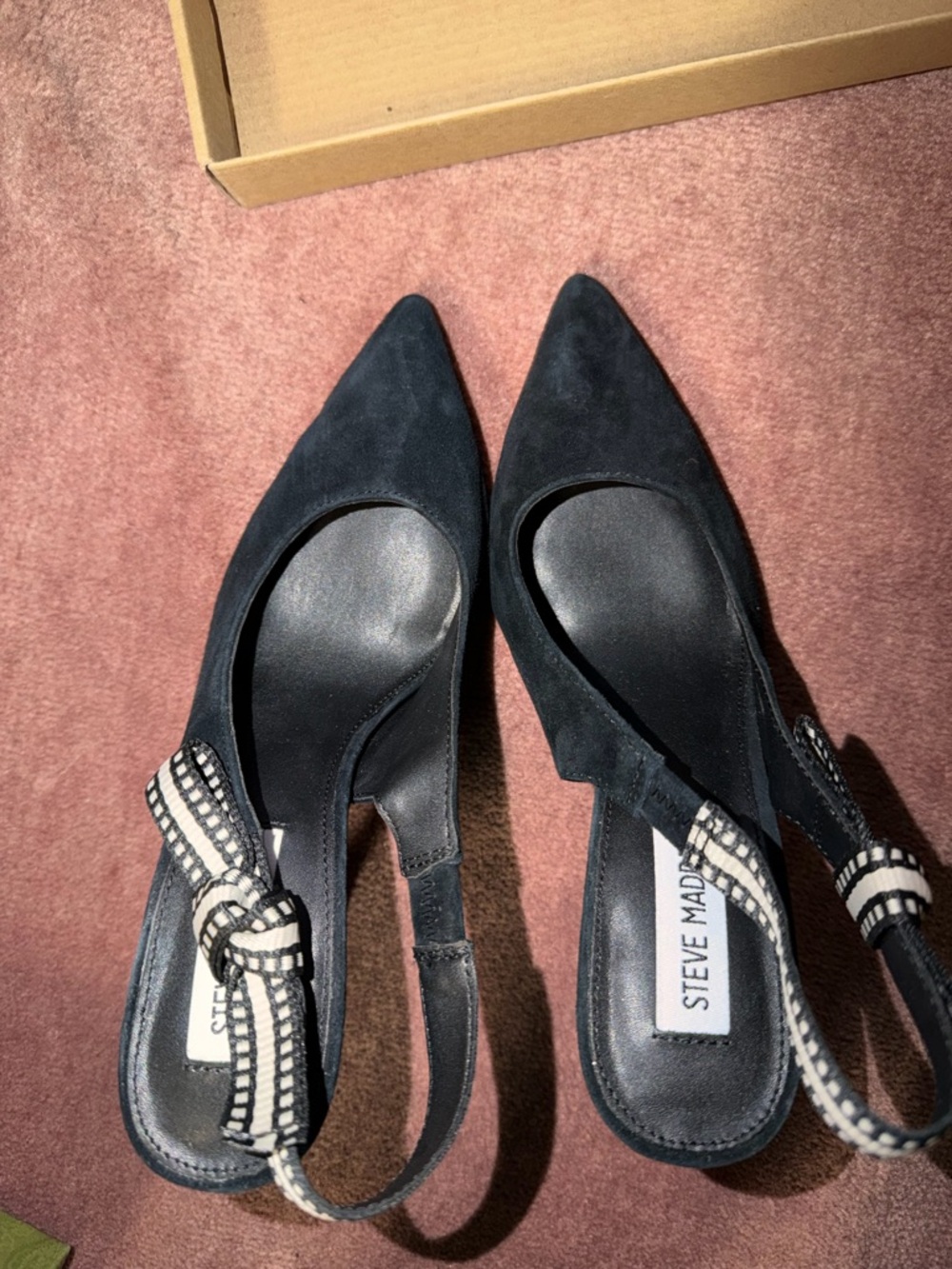 Steve Madden Black Suede Pointed Toe Slingback Heels with Woven Strap
